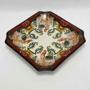 Vintage Chinese Roosters Decorative Square Porcelain Plate Hua Rong Tang